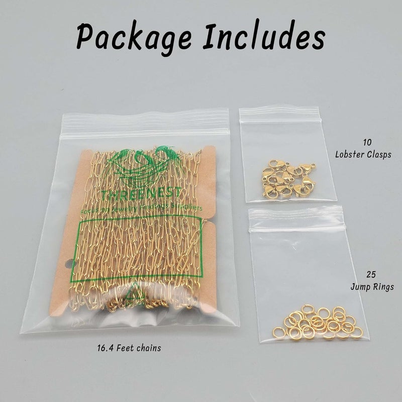 THREENEST 16.4-Feet 3mm Stainless Steel Paperclip Chains with 10 Lobster Claps+25 Jump Rings, 18K Real Gold Plated Soldered Cable Long Craft Chain for Necklace Bracelet Earring Jewelry Making(Gold) - Image 3
